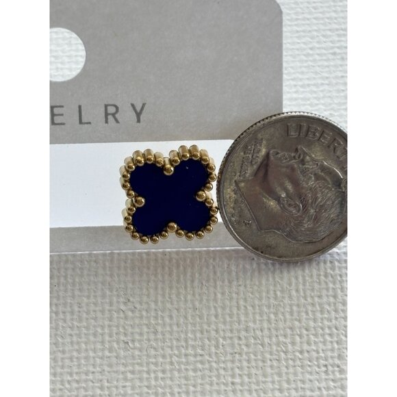 Gold-Tone Blue  Stud Earrings With Beaded Edges - Picture 5 of 8